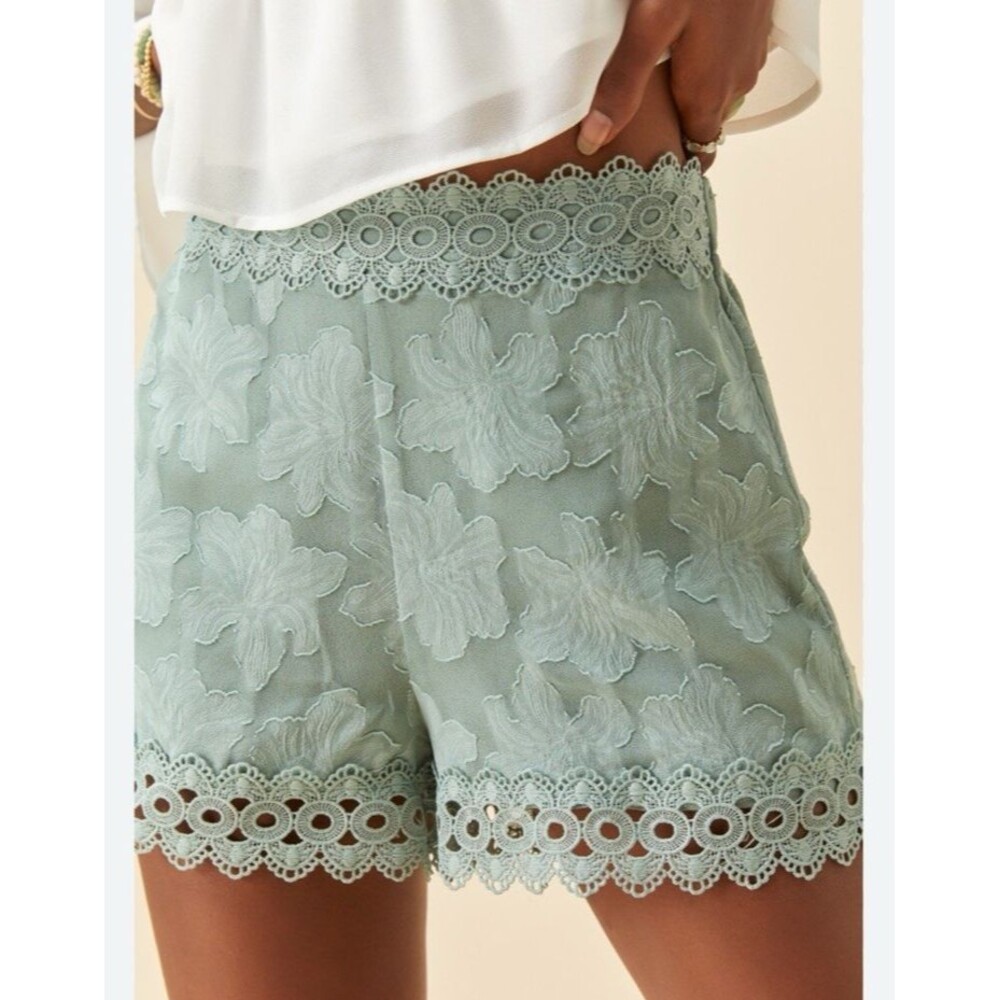 Francesca's Shorts Small Green Jacquard Embroider BOHO Festival Feminine Girly